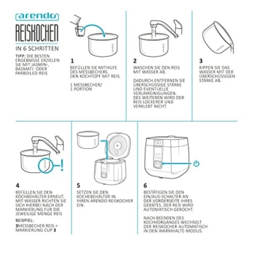 Arendo - Reiskocher | Dampfgarer/Dampfgarerfunktion | 1,4l Kapazität | Überhitzungsschutz + Thermosicherung | automatische Warmhaltefunktion | 540W | wärmeisolierendes Doppelwanddesign - 6