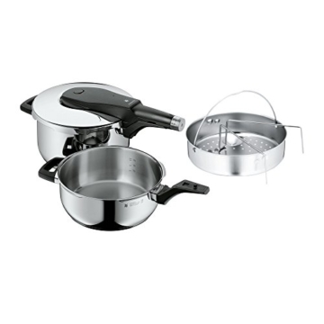 WMF Perfect Pro Schnellkochtopf Set 2-teilig 4,5l & 3,0l mit Einsatz-Set, Cromargan Edelstahl poliert, 2 Kochstufen All-In-One Drehknopf, induktionsgeeignet, spülmaschinengeeignet, Ø 22 cm - 1