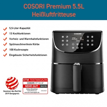 COSORI Heißluftfritteuse 5,5L XXL Friteuse Heissluft Fritteusen Air Fryer mit Digitalem LED-Touchscreen, 11 Programmen, Vorheizen&Warmhalten, Shake-Modus, 100 Rezepte auf Deutsch, ohne Öl, 1700W - 2